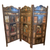 Vintage Indian three‑panel screen with carved crests, turned spindles, and hand‑painted traditional scenes.