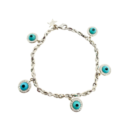 Vintage Tabbah 18K white gold bracelet with five turquoise and onyx evil eye charms and diamond bezels on a delicate link chain.
