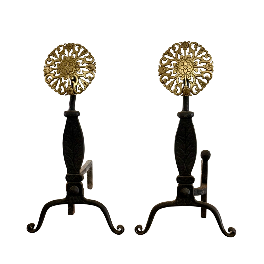 Vintage Virginia Metalcrafters brass and iron floral andirons with rosette tops