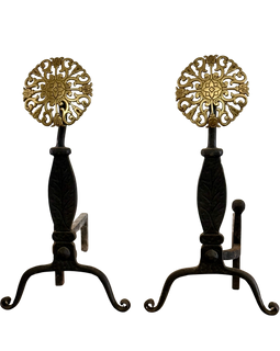 Vintage Virginia Metalcrafters brass and iron floral andirons with rosette tops