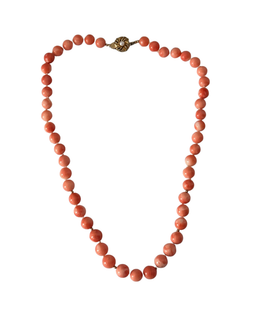 Vintage coral bead necklace with 14mm beads and 14K gold clasp