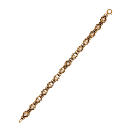 Another view of Vintage gold and pearl link bracelet fastened in a circle, showing its 7.5 inch length