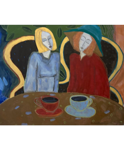 View without frame of Whimsical Painting “Women With Coffee” 1997