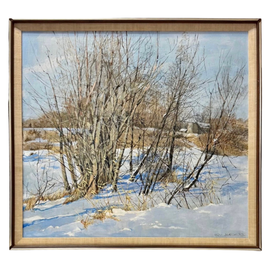 Framed painting of a snowy landscape with bare trees