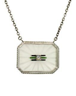 10K white gold pendant; 14K white gold chain; rock crystal; diamond; green and black enamel