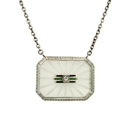 10K white gold pendant; 14K white gold chain; rock crystal; diamond; green and black enamel