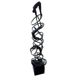 Tall kinetic bronze sculpture with acrobats climbing a helical structure