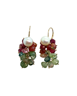 estate cultured pearl earrings with multi color tourmalines