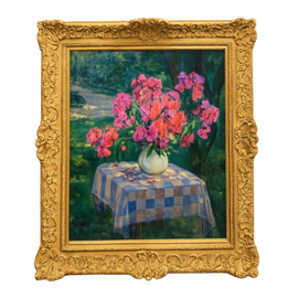 French impressionist still life painting with vibrant red flowers on table