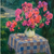 Large square red flower still life with checkered tablecloth
