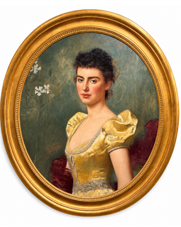 Late 19th C portrait of young woman in yellow gown, oil on canvas