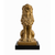 Close‑up of a gold patinated mid‑century lion sculpture on a black plinth showing detailed mane and stylized form.