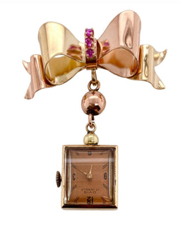 Retro 14K Rose & Yellow Gold Ruby Bow Watch Pin with Watch