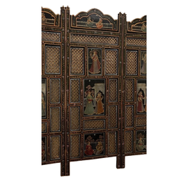 Vintage Indian Carved Turned And Painted 3 Panel Screen
