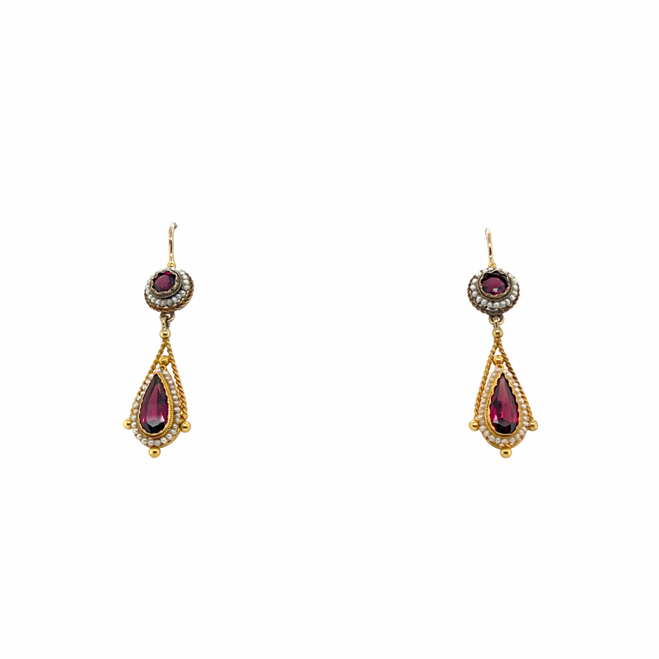 ピアス　No.4450 Victorian Style 14K Gold Almandine Garnet & Seed Pearl Pierced