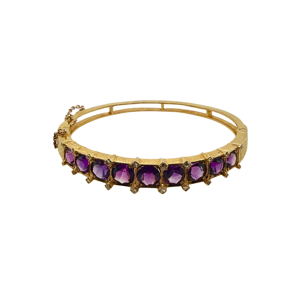 Victorian 14K gold amethyst and diamond hinged bangle bracelet with engraved detailing