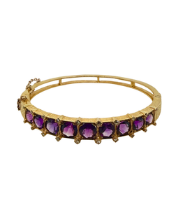 Victorian 14K gold amethyst and diamond hinged bangle bracelet with engraved detailing
