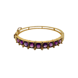 Victorian 14K gold amethyst and diamond hinged bangle bracelet with engraved detailing