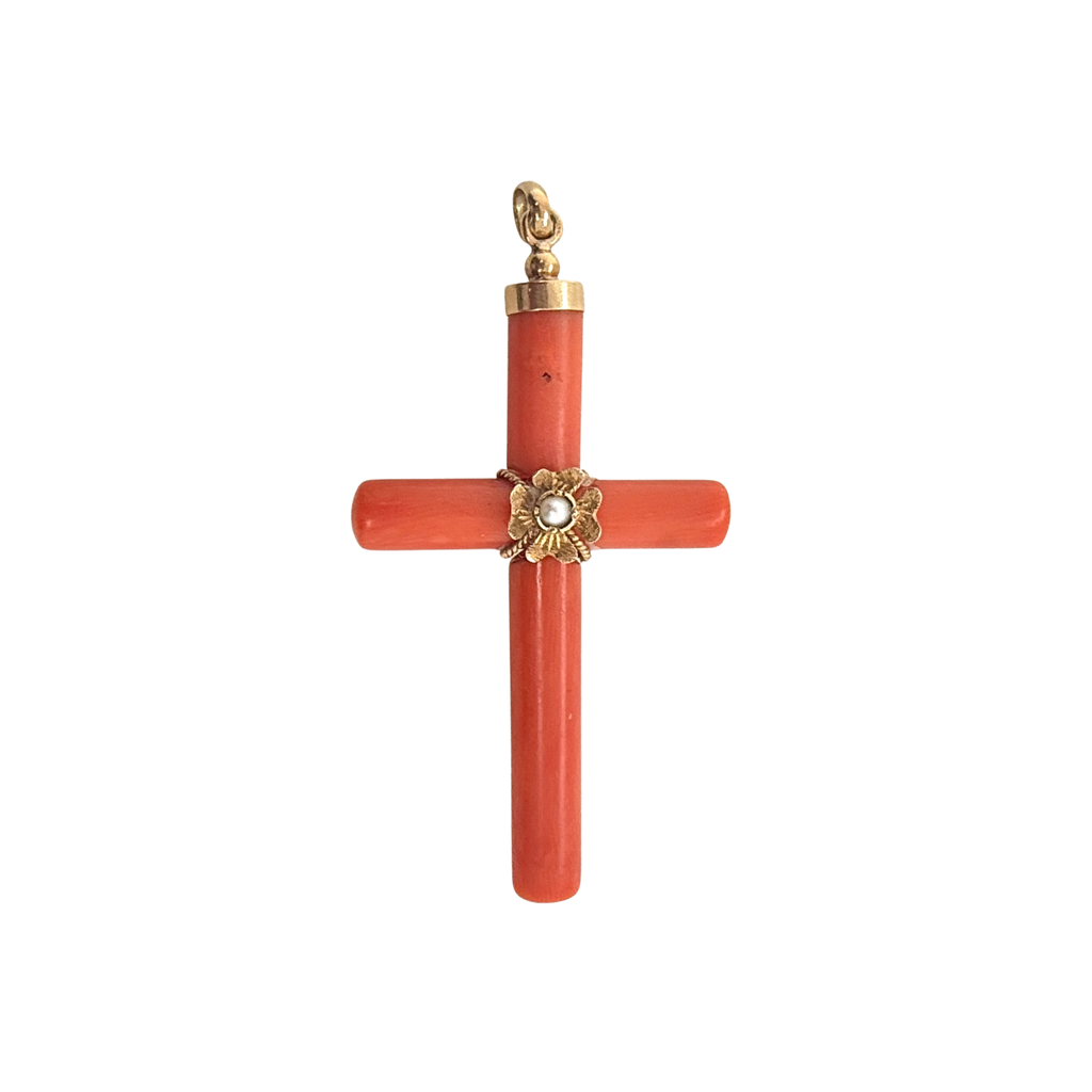 Victorian coral cross pendant with 18K gold mounts and seed pearl center