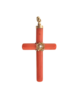 Victorian coral cross pendant with 18K gold mounts and seed pearl center