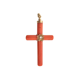 Victorian coral cross pendant with 18K gold mounts and seed pearl center