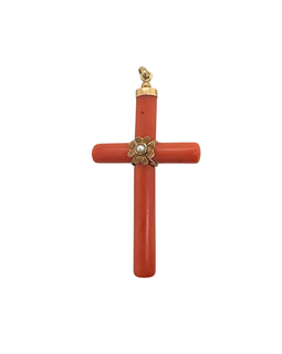 Antique coral cross jewelry with gold flower and seed pearl