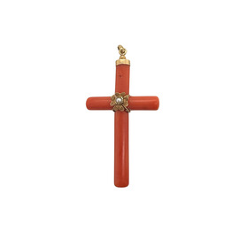 Antique coral cross jewelry with gold flower and seed pearl