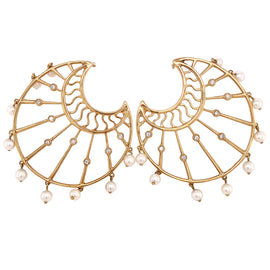 Pair of 14K Gold Diamond & Dangling Pearl Pierced Earrings