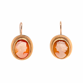 14K Gold Victorian Style Vintage Cameo Pierced Earrings pair front view