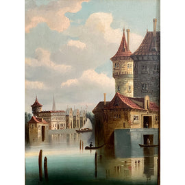 19th C. Venetian Canal Scene Oil on Canvas Painting