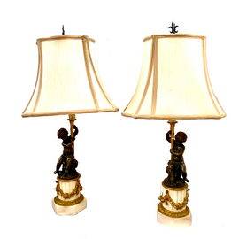 19th C French Marble and Bronze Cherub Lamps