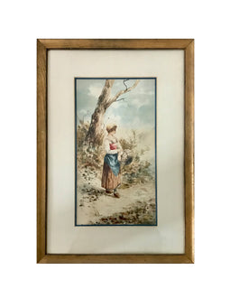 19th Century Watercolor Landscape with Figure