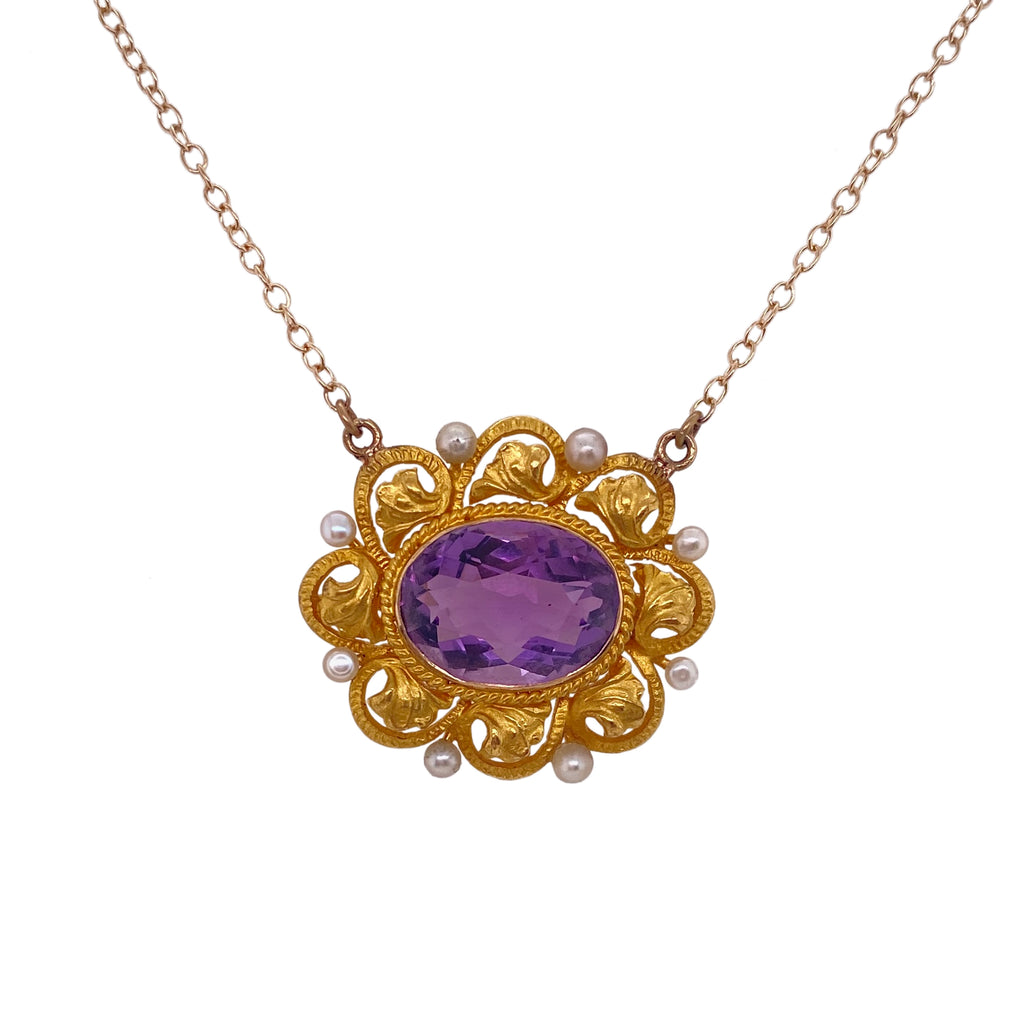 Art Nouveau Period Amethyst Seed Pearl Pendant Necklace