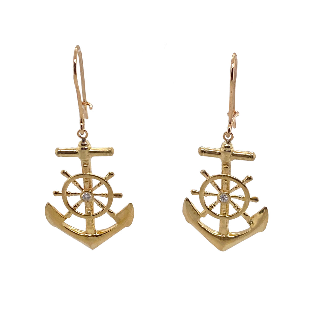 Pair 14K Gold Anchor Pierced French Wire Earrings With Diamond