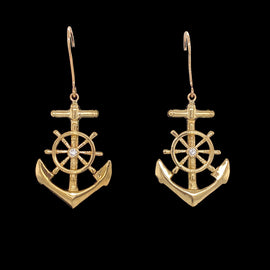 14K Gold Anchor Earrings with Diamond - French Wire Pierced