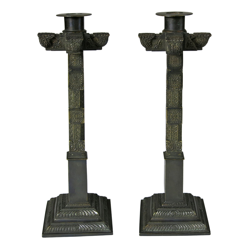 Antique Bronze Square Column Candlesticks pair