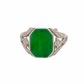 Antique Edwardian Platinum Diamond and Jade Jadeite Ring view of ring face