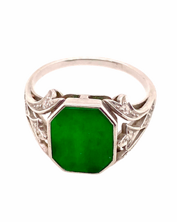 Antique Edwardian Platinum Diamond and Jade Jadeite Ring angled view