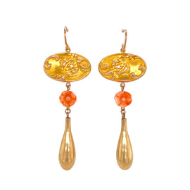 Art Nouveau Gold, Coral and Dangling Teardrop Repurposed Earrings full view of pair