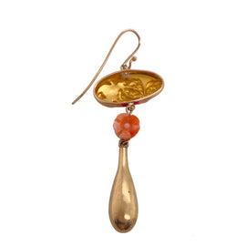 Art Nouveau Gold, Coral and Dangling Teardrop Repurposed Earrings back of single earring view