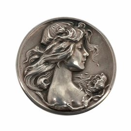 Art Nouveau Sterling Silver Profile Portrait Pin Young Beauty front view