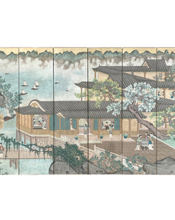 A fine and unusual six panel Chinoiserie screen attributed to Gracie New York. The screen is hand painted on paper with a wooden substructure. The image depicted is that of a Chinese Village on the water bustling with activity. The screen has a complex composition and utilizes a soft pastel palatte. Condition is very good.