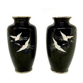 Pair Japanese Cloisonne Vases With Flying Cranes