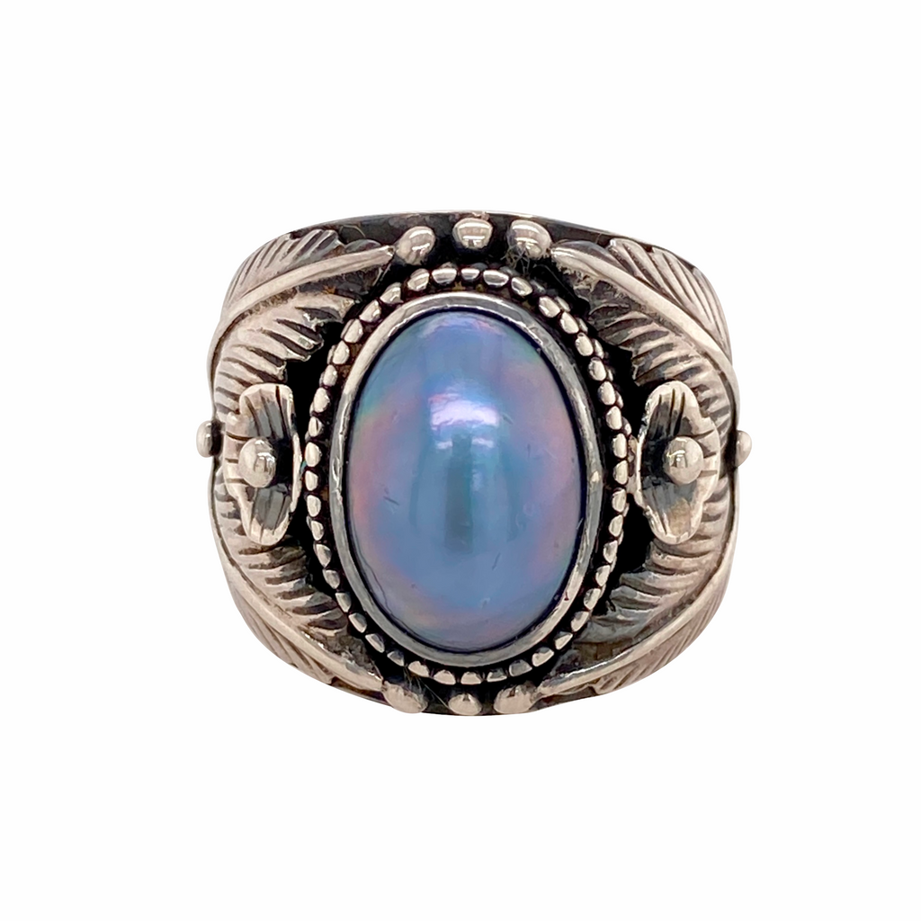 Modern Sterling Silver and Blue Pearl Ring