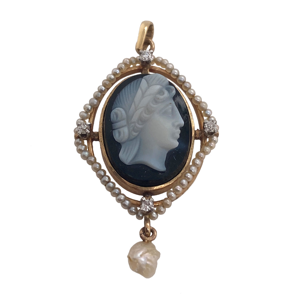 Victorian 14K Gold Carved Cameo Diamond & Seed Pearl Pendant