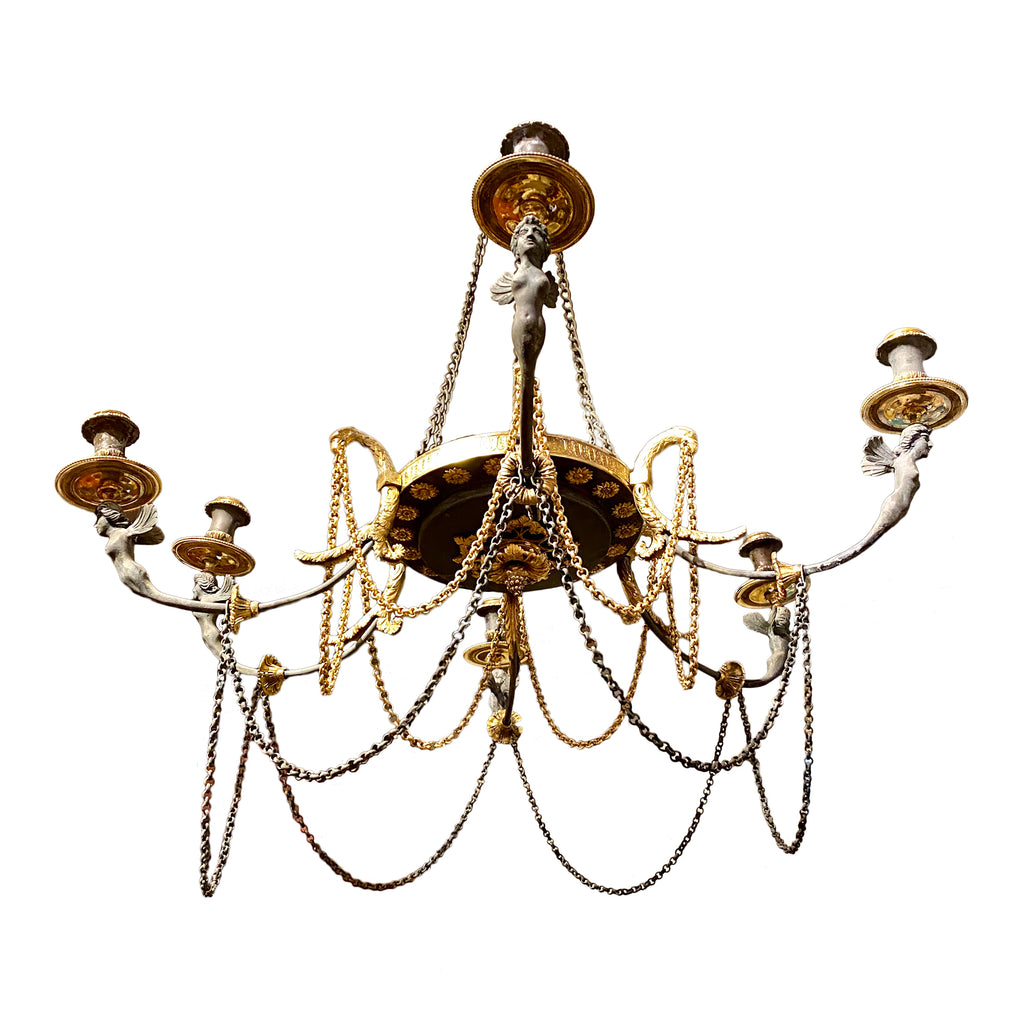 Rare Early 19th C. French Neoclassical Bronze Six Light Chandelier