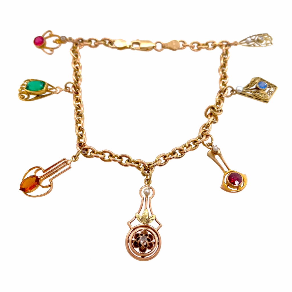 14K Gold Repurposed Charm Bracelet With Antique Jeweled Gold Charms