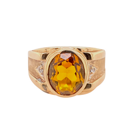 10K Men's Ring with Faceted Citrine and Diamonds, Designer signed