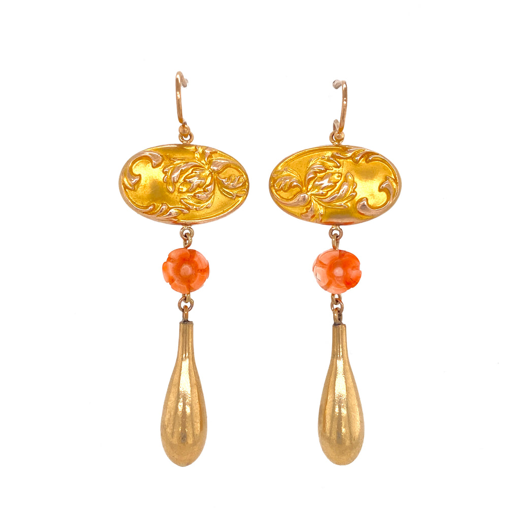 Art Nouveau Gold, Coral and Dangling Teardrop Repurposed Earrings