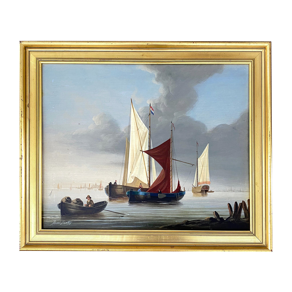 David Beatty British 20th Century “ Boats In Harbor “ Oil On Panel front
